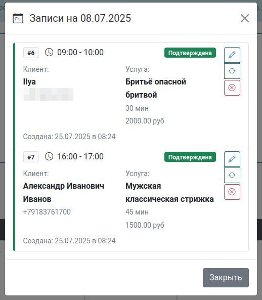 Подробный вид записи